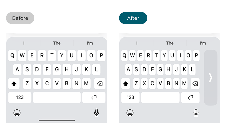 Images showing the iOS keyboard before and after One-Handed Keyboard has been applied