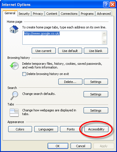 The Accessibility button, fourth from the left, under the Appearance section at the bottom of the Internet Options dialog box.