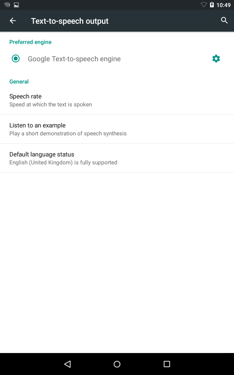 Fig 2 - Android Lollipop 5.0.0 - Text to speech output - TTS Engine