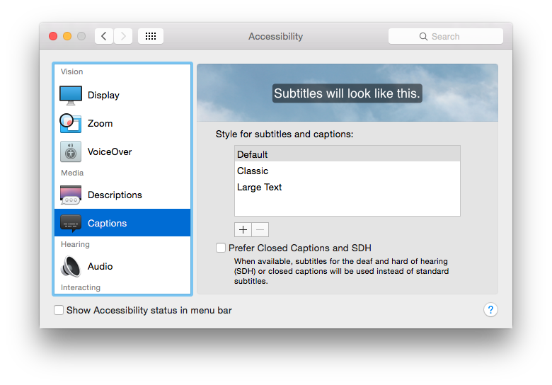 Fig 3 - Apple OS X 10.10 Yosemite - Subtitles and captions - Accessibility Captions