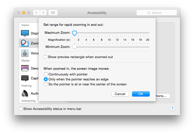 Fig 4 - Apple OS X 10.10 Yosemite - Magnifying the screen - Accessibility Zoom More Options