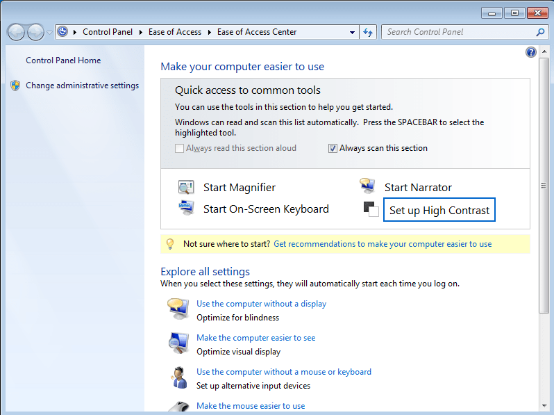 The Ease of Access Center in Windows 7