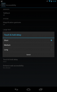 The Touch and Hold delay option in Accessibility settings.
