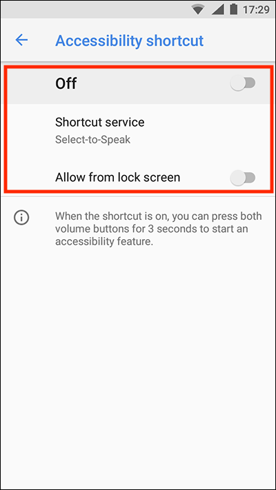 Tap the switch under Accessibility shortcut