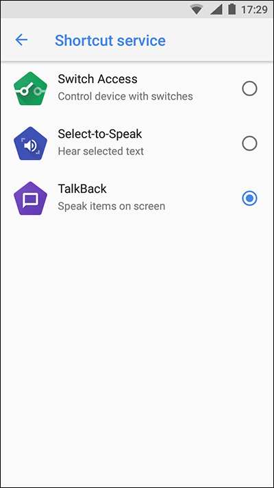 Choose from Switch Access, Select-to-Speak or TalkBack