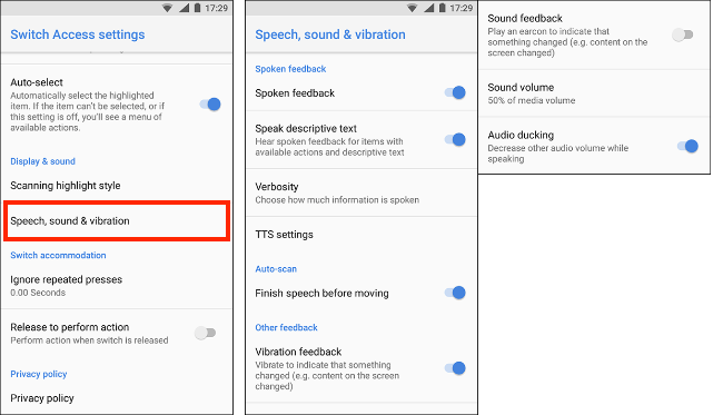 Tap speech, sound and vibration, customise the settings