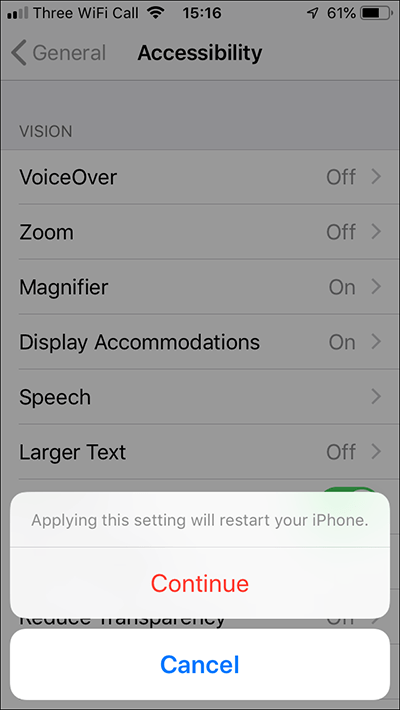 Click Continue to apply Bold Text settings to your device