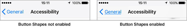 From iOS 11 onwards, buttons are underlined and have an arrowhead indicating backwards or forwards.