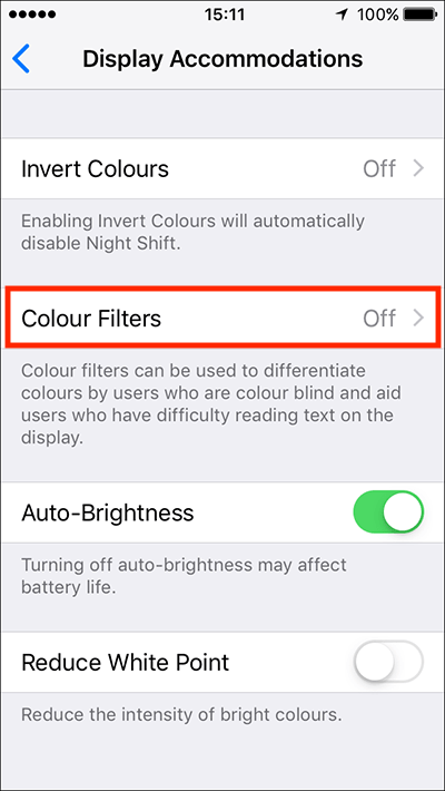 Tap the on/off toggle switch next to Colour Filters