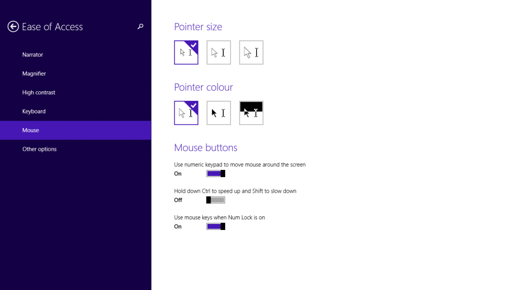 The Ease of Access window with the Mouse link in the left hand column.  The 'Use mouse keys when num lock is on' in the right hand column' option in the right column under the 'Mouse buttons' section.