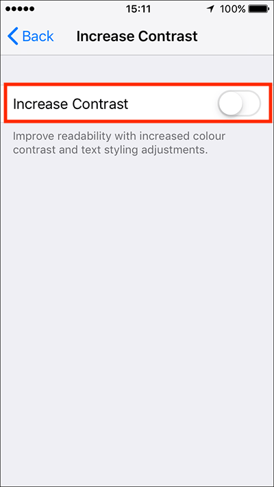 Tap The on/off toggle switch next to Increase Contrast