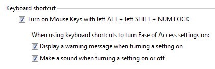 The checkbox labelled 'Turn on Mouse keys with ALT + left SHIFT + NUM LOCK
