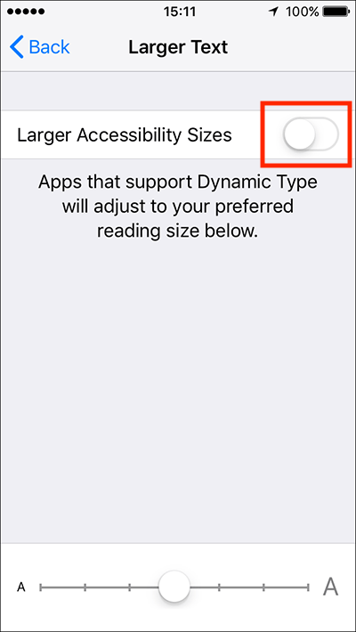 Tap Larger Accessibility Sizes for more text size options