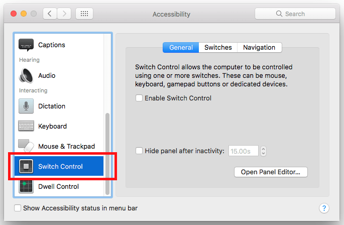 The accessibility settings window with Switch Control highlighted