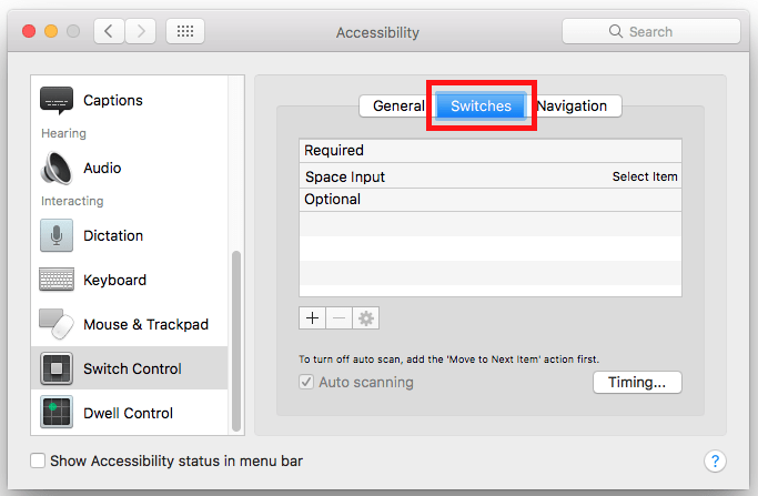 The Switch Control preferences screen with the Switches tab highlighted