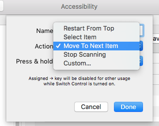 The menu for choosing an action to assign to a new switch with 'Move To Next Item selected.