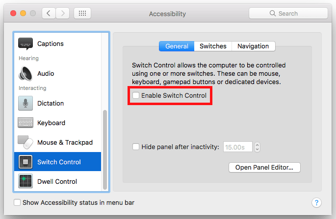 The Switch Control window with the checkbox for 'Enable Switch Control' highlighted