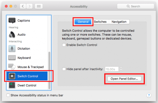 Select Switch Control, select Open Panel Editor