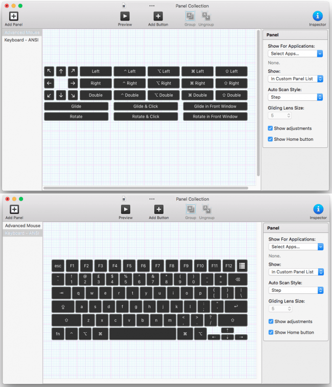 A pre-configured mouse panel, a pre-configured keyboard panel