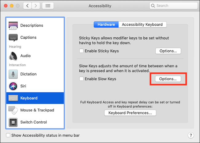 The Keyboard accessibility settings screen with the Enable Slow Keys Options button highlighted