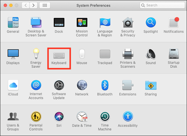 The System Preferences window with Keyboard highlighted