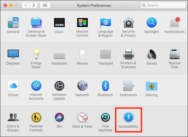 The System Preferences window with Accessibility highlighted