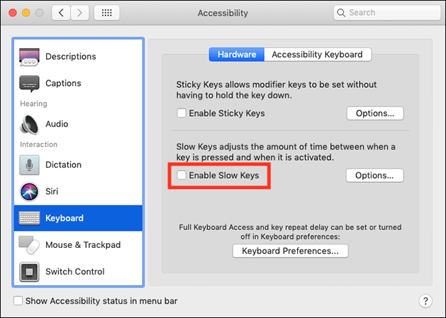 The Keyboard accessibility settings screen with the checkbox for Enable Slow Keys highlighted