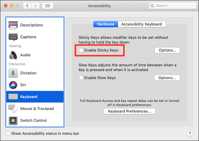 The Keyboard accessibility preferences window with the Enable Sticky Keys checkbox highlighted