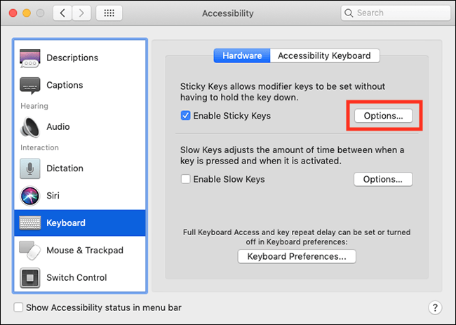 The Keyboard accessibility preferences window with the options for Sticky Keys highlighted