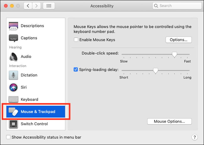The Accessibility Preferences window with Mouse and Trackpad highlighted
