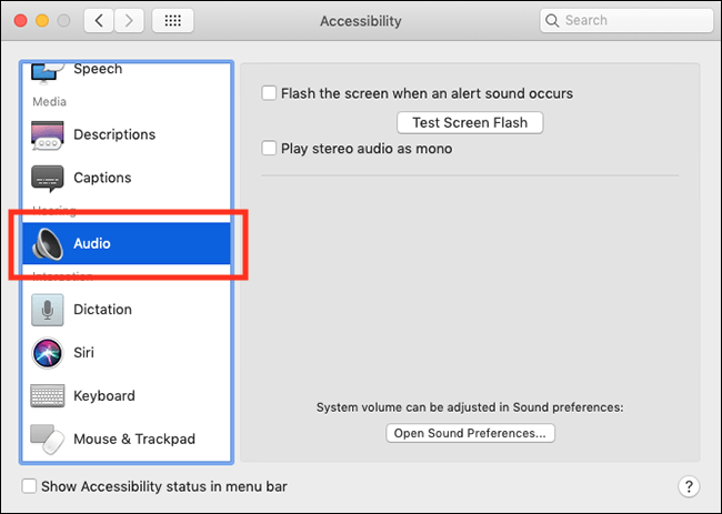 The Accessibility Preferences window with Audio highlighted in the left column