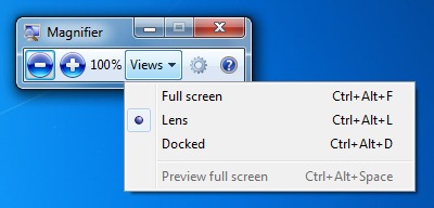 The Magnifier's Views drop-down menu showing the options: Full screen, Lens and Docked.