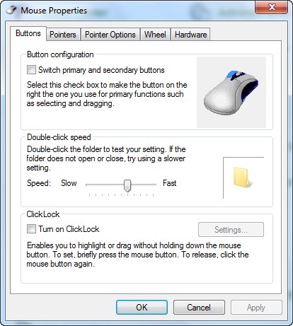 The Buttons tab, first in the list of options: Buttons, Pointers, Pointer Options, Wheel, Hardware in the Mouse Properties window.