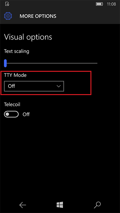 Fig 3 - Windows 10 Phone – Hearing Options