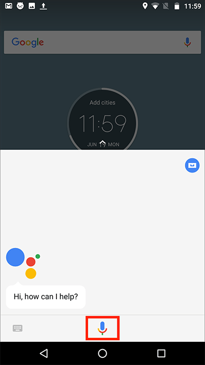 The microphone icon at the bottom of the Google assistant screen