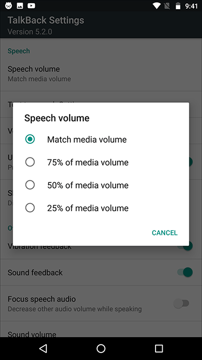 The TalkBack Speech volume options.