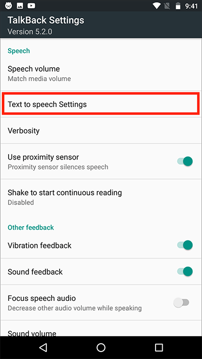 Text-to-speech Settings, the second item on the TalkBack settings screen.