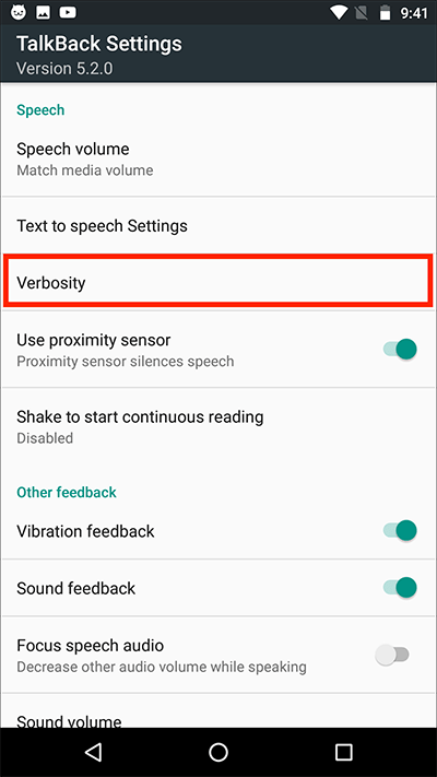 Verbosity, the third item on the TalkBack settings screen.