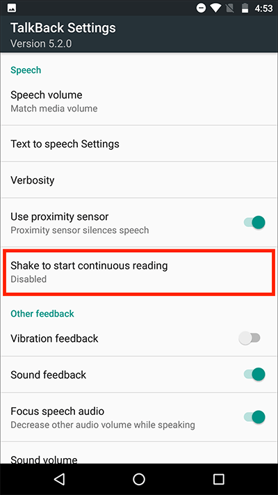 Shake to start continuous reading, the fifth item on the TalkBack settings screen.