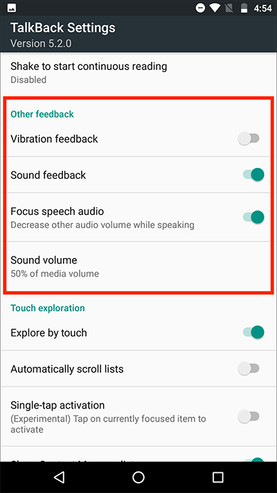 Vibration feedback, the sixth item on the TalkBack settings screen.