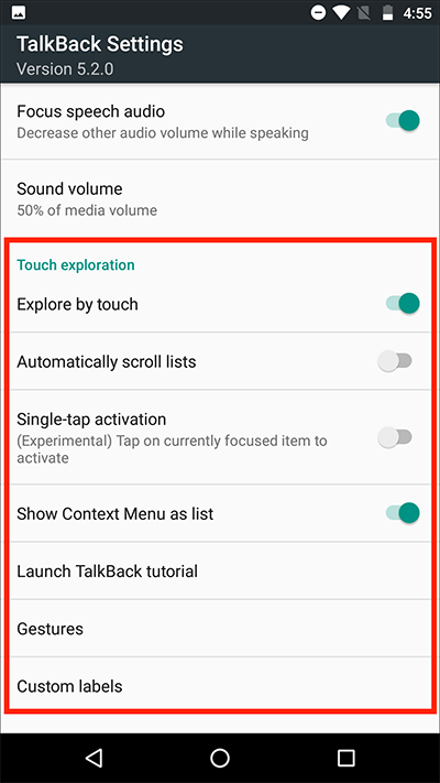 Explore by touch, the seventh item on the TalkBack settings screen.