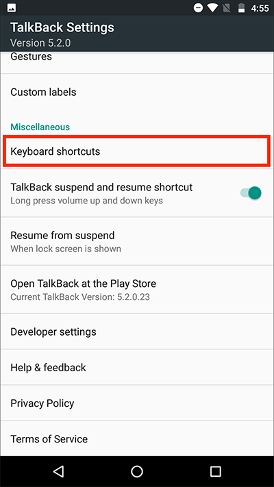 Keyboard Shortcuts under the Miscellaneous section of the TalkBack settings screen.