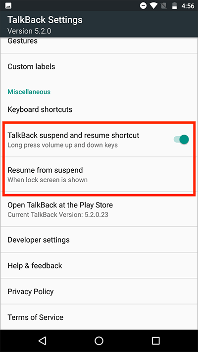 TalkBack suspend and resume shortcut option under the Miscellaneous section of the TalkBack settings screen.