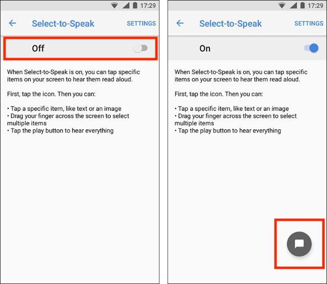 Tap the switch under Select-to-Speak, the Accessibility Button onscreen
