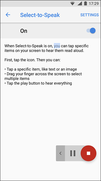 The Select-to-Speak controls onscreen