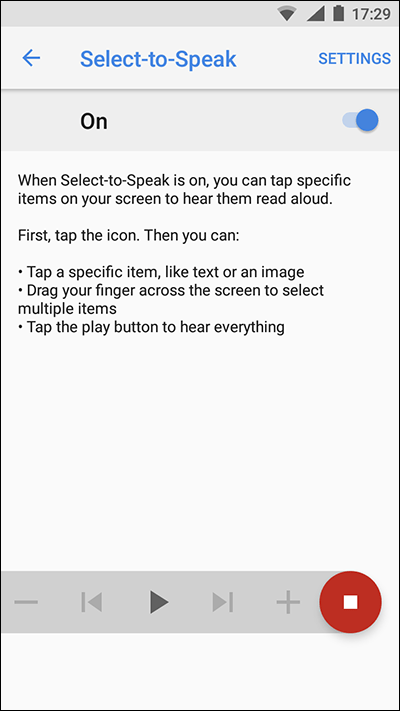 The extended Select-to-Speak controls onscreen