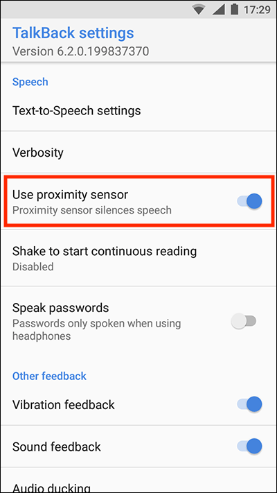 The 'Use proximity sensor' on/off toggle switch in TalkBack settings