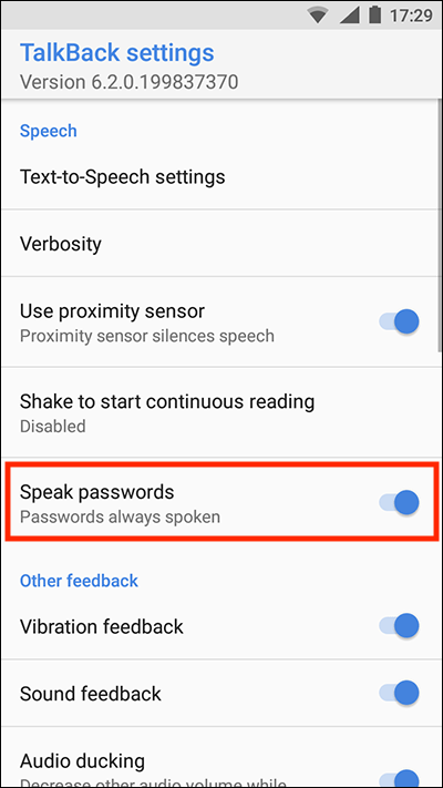 The 'Speak passwords' on/off toggle switch in TalkBack settings.