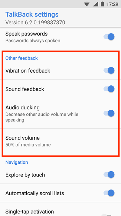 The 'Other feedback' options section in TalkBack settings.