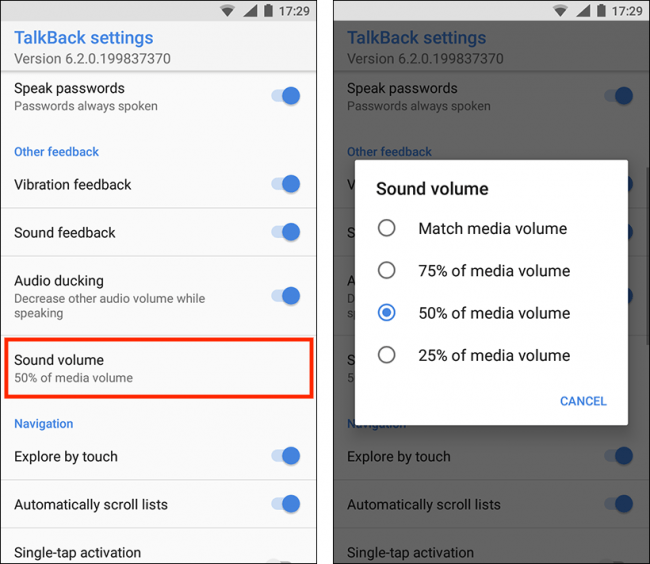 The 'Sound volume' option in TalkBack settings.